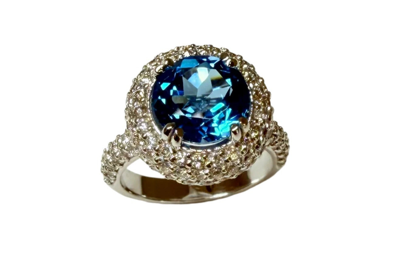 4.49 ct Genuine Blue Topaz Round & 1.8 ct Diamond Engagement Ring