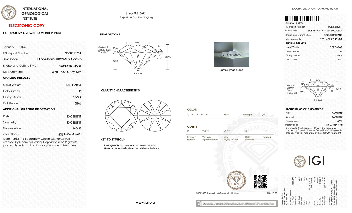1.02 Carat D VVS2 Round Cultivated Diamond