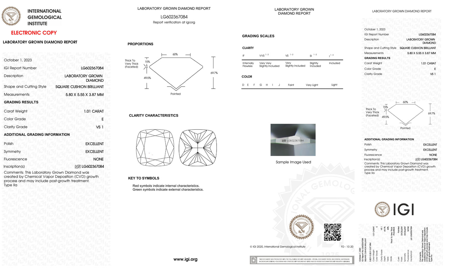 1.01 Carat E VS1 Cushion Cultivated Diamond