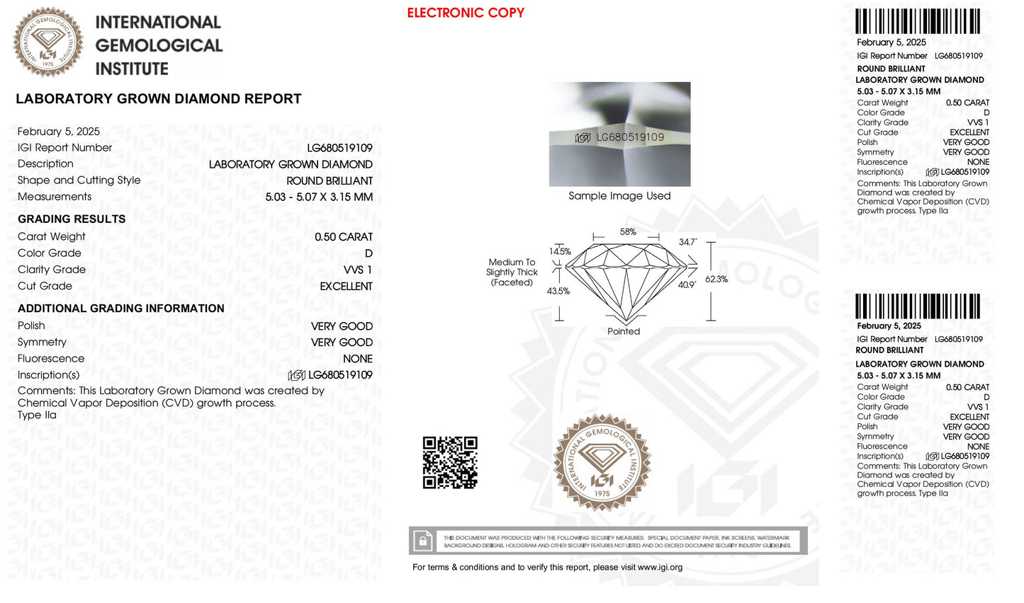 0.50 Carat D VVS1 Round Cultivated Diamond