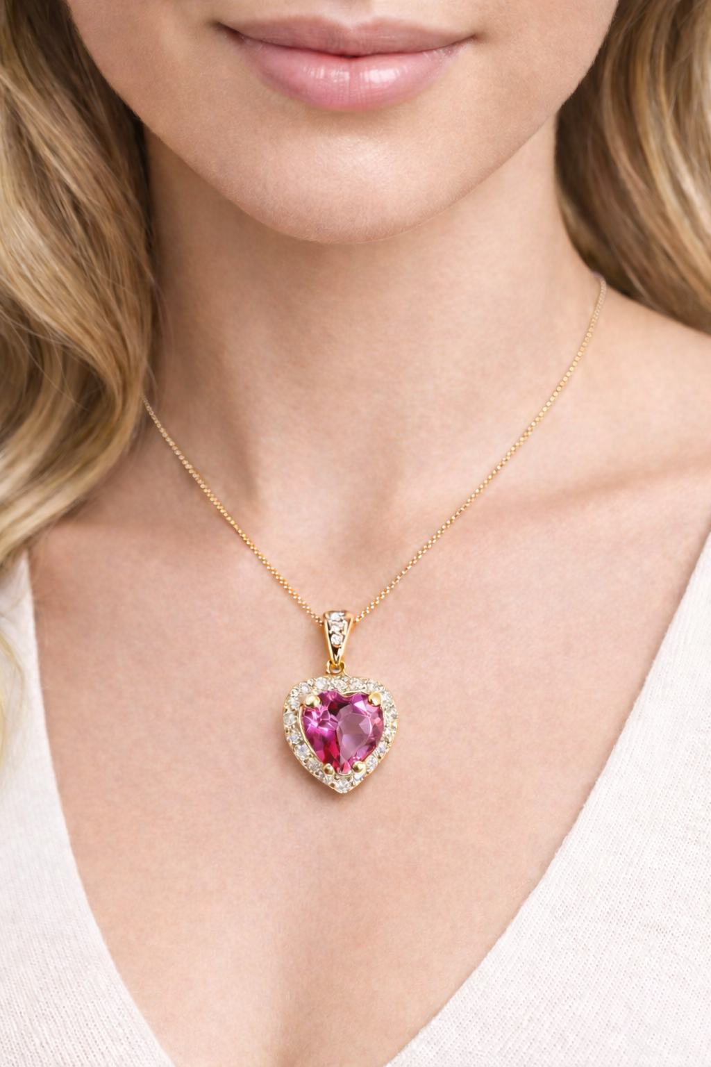 7mm x 7mm Genuine Pink Topaz Heart Diamond Pendant