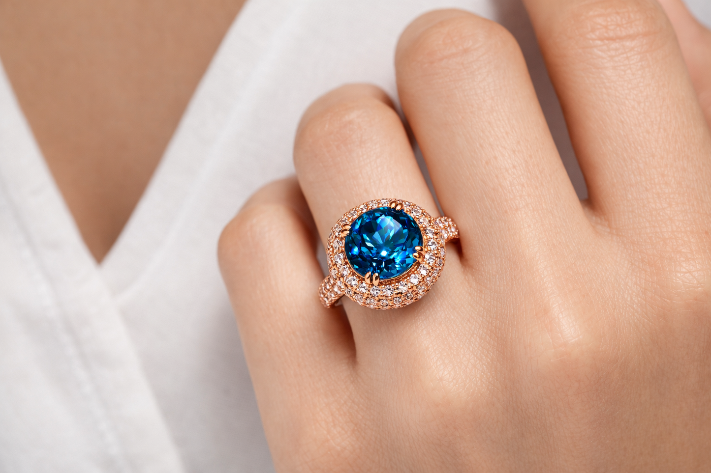 4.49 ct Genuine Blue Topaz Round & 1.8 ct Diamond Engagement Ring