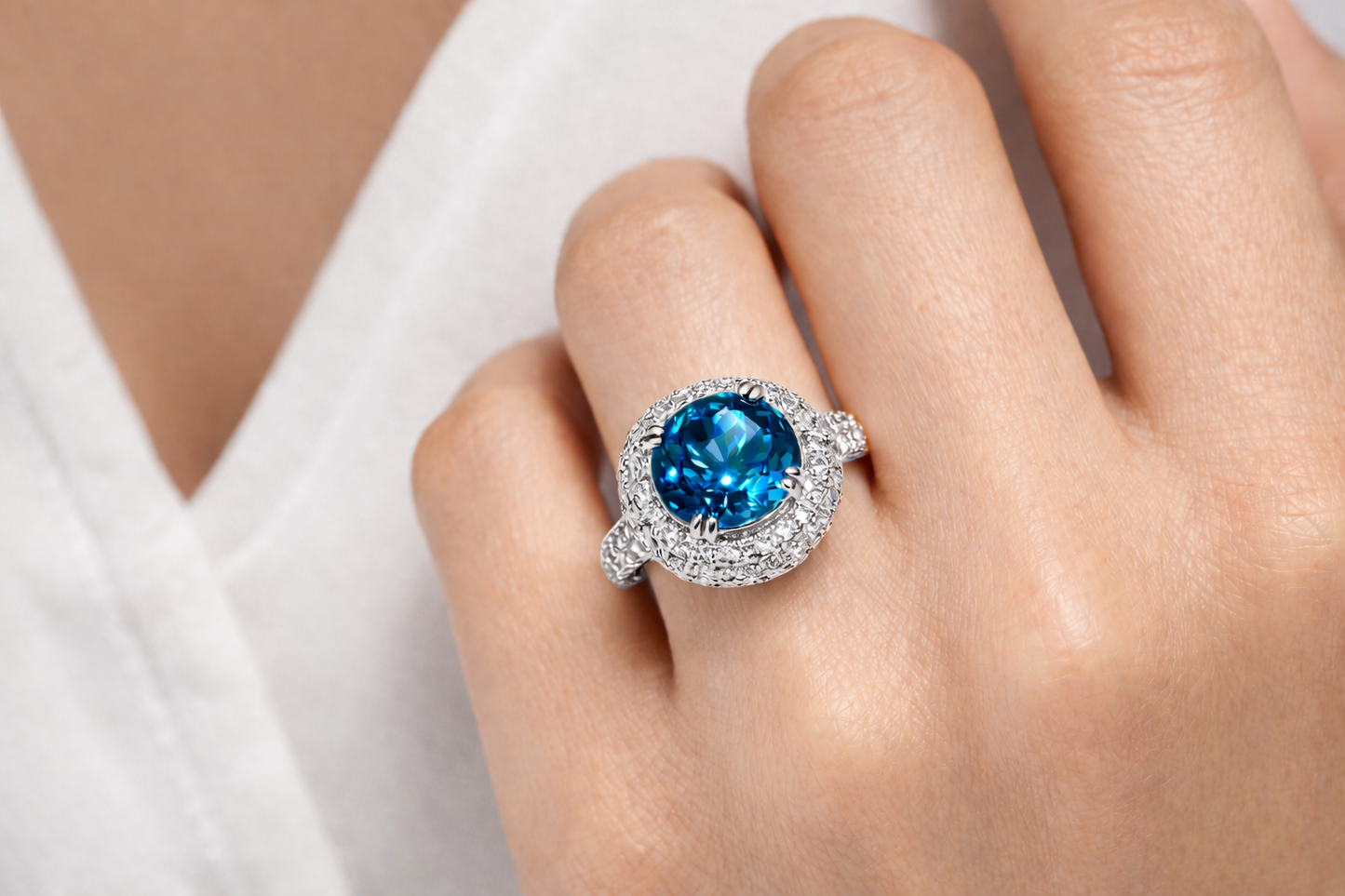 4.49 ct Genuine Blue Topaz Round & 1.8 ct Diamond Engagement Ring