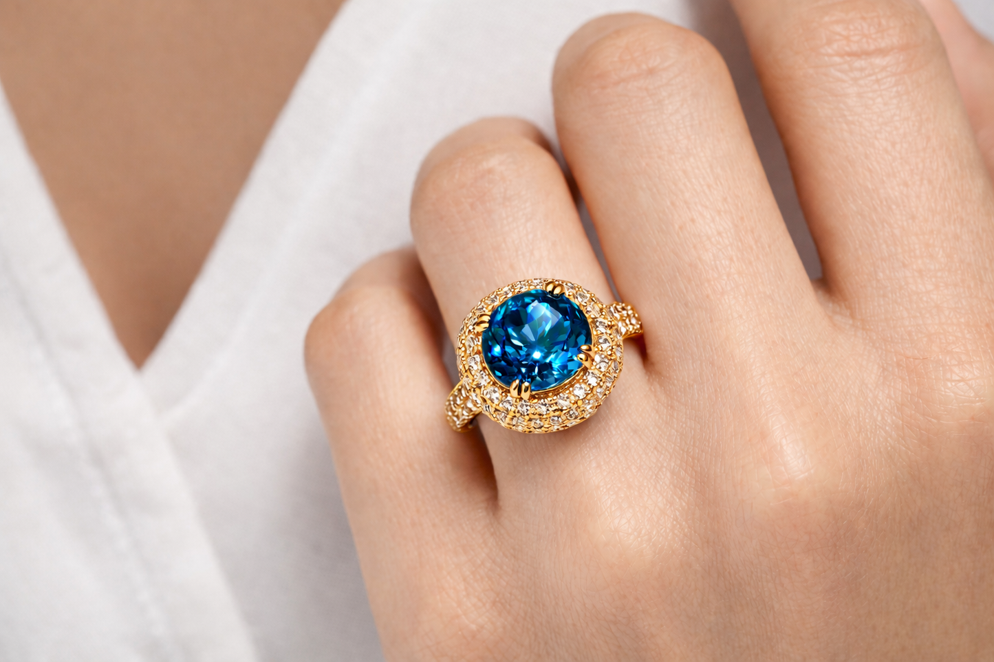 4.49 ct Genuine Blue Topaz Round & 1.8 ct Diamond Engagement Ring