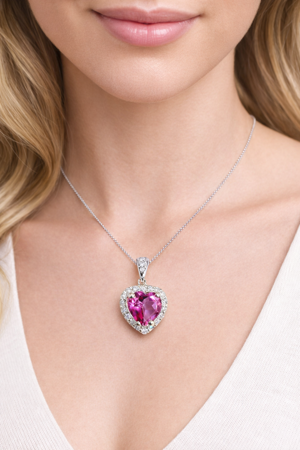 7mm x 7mm Genuine Pink Topaz Heart Diamond Pendant