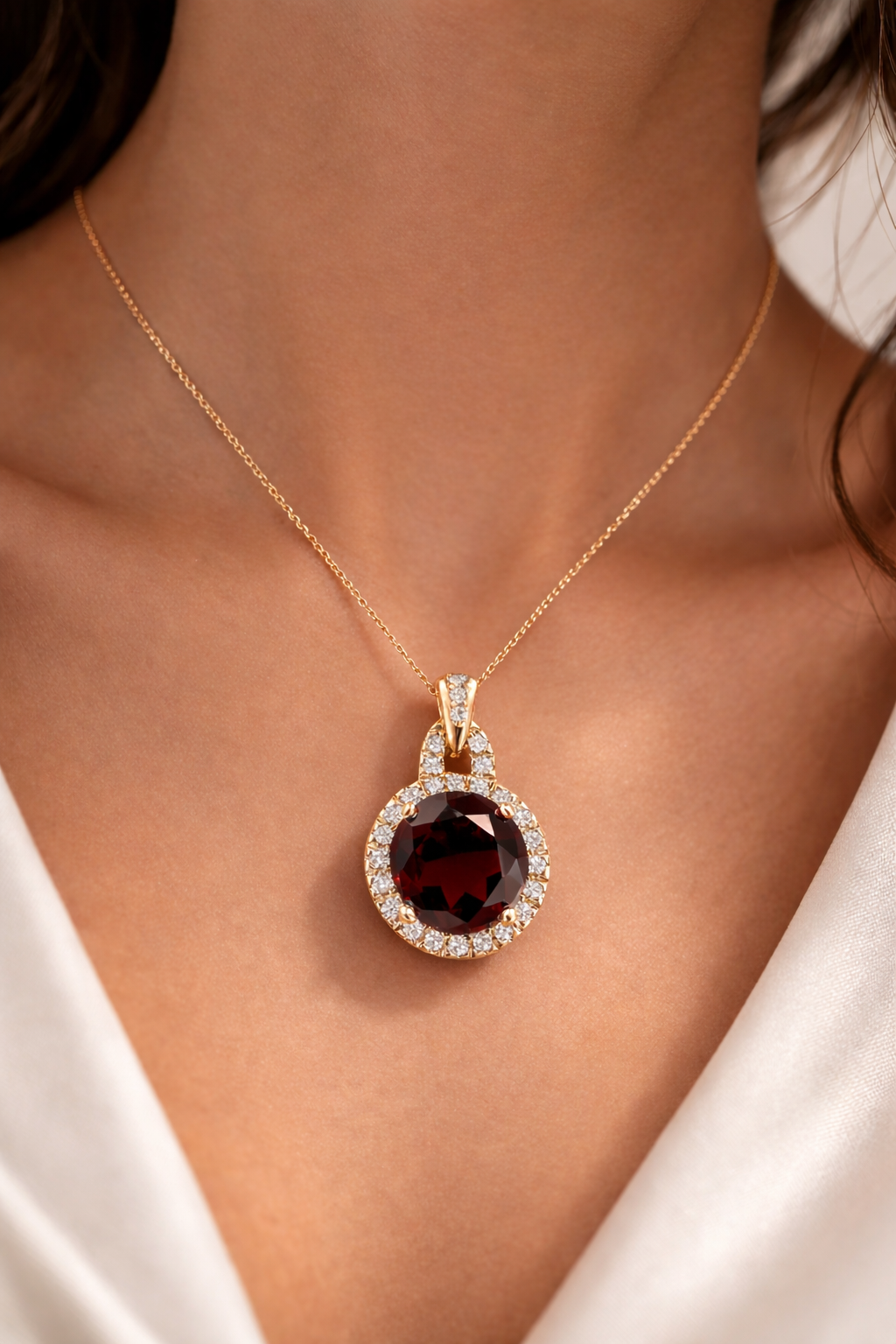 3.52 ct Genuine Round Garnet & 0.243 ct Diamond Pendant