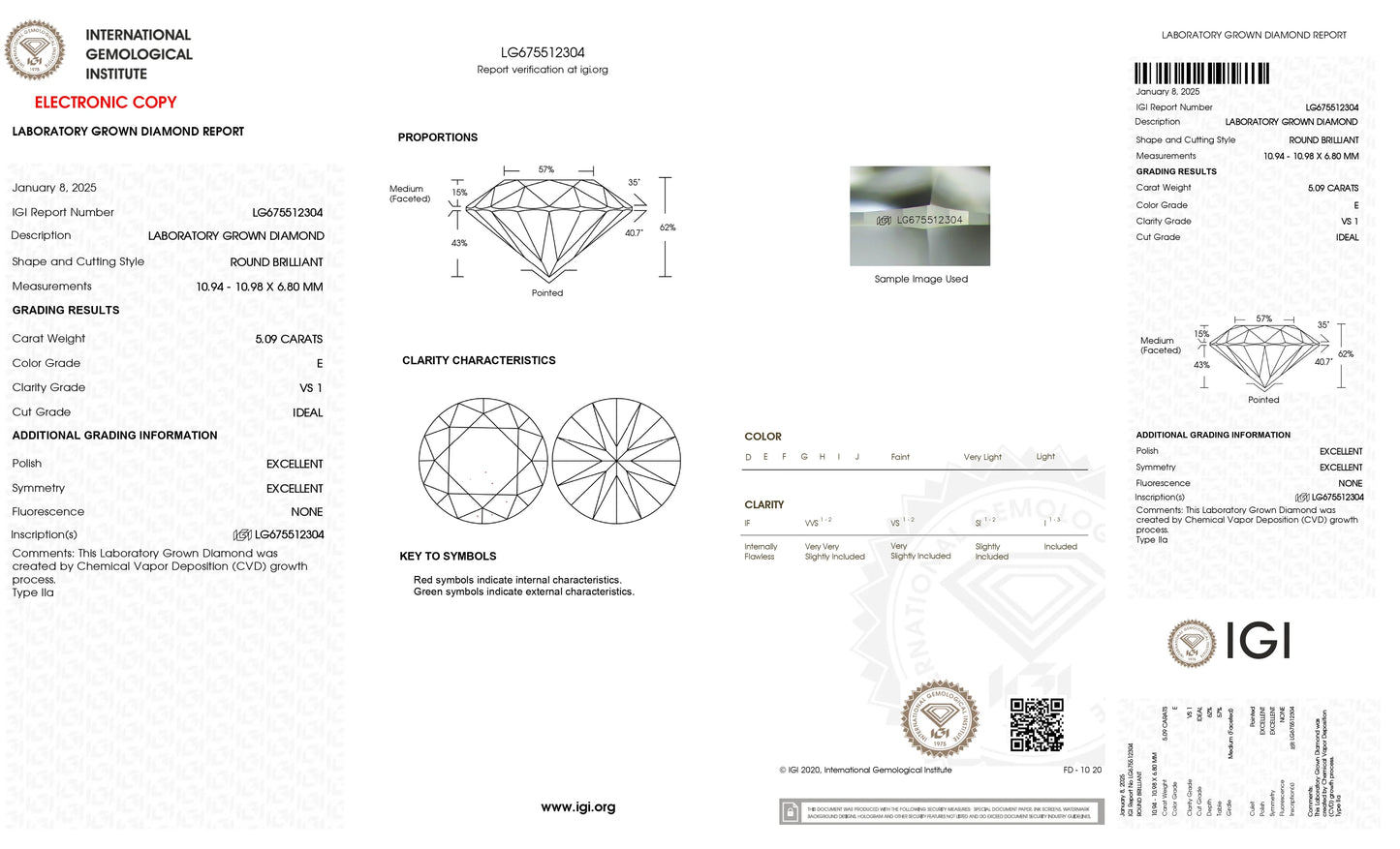 5.09 Carat E VS1 Round Cultivated Diamond