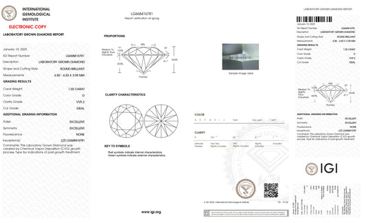 1.02 Carat D VVS2 Round Cultivated Diamond
