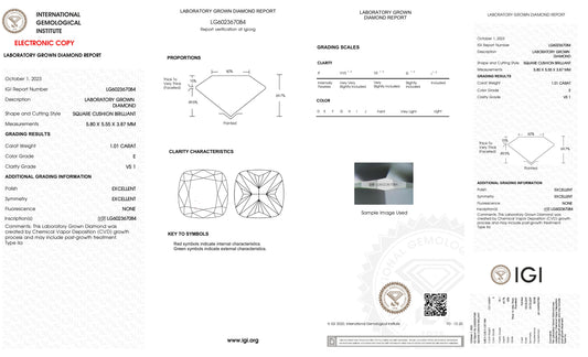 1.01 Carat E VS1 Cushion Cultivated Diamond