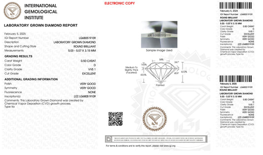 0.50 Carat D VVS1 Round Cultivated Diamond